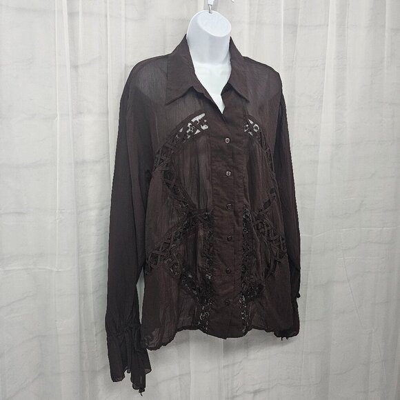 Kaelyn Max Blouse Brown Sheer Boho Lace Gypsy Hippie 1X - Picture 6 of 12